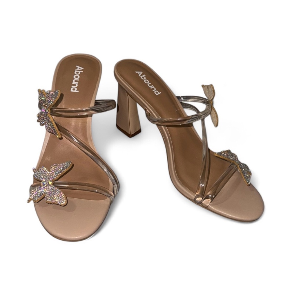 Abound Size 8.5 Butterfly Kimora Clear Strap Beige Sandal With Rhinestones Heels